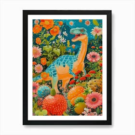 Dinosaur In The Garden Flowers 3 Art Print