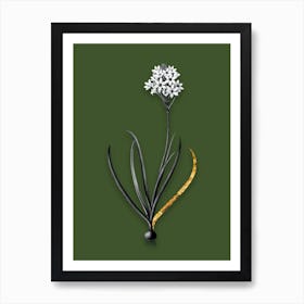 Vintage Arabian Starflower Black and White Gold Leaf Floral Art on Olive Green n.0908 Art Print