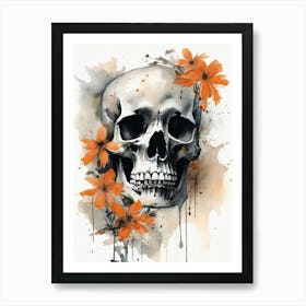 Abstract Skull Orange Flowers Painting (13) Art Print