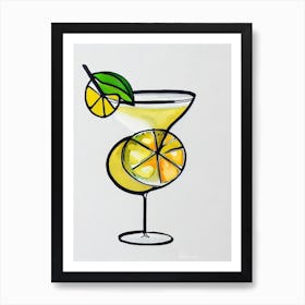 Lemon Drop MCocktail Poster artini Minimal Line Drawing With Watercolour Cocktail Poster Art Print