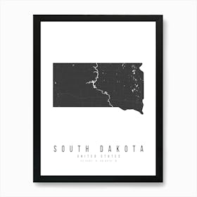 South Dakota Mono Black And White Modern Minimal Street Map Art Print