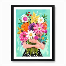 Woman Holding a Colorful Bouquet of Flowers Illustration Art Print