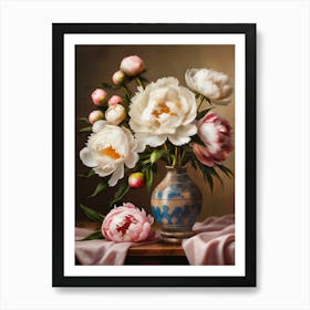 Bouquet Of White And Pink Peonies In A Vase Art Print