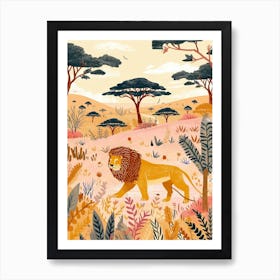 African Lion Hunting In The Savannah Illustration 3 Art Print