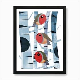 Three Robins Perched on Branches Art Print