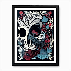 Skull With Bird 1 Motifs Colourful Linocut Art Print