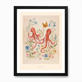 Folksy Floral Animal Drawing Octopus 3 Poster Art Print