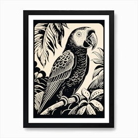 B&W Bird Linocut Macaw 1 Art Print