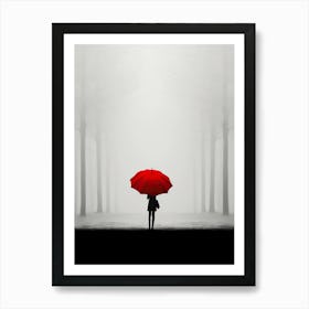 Woman Holding Red Umbrella In The Fog Art Print
