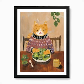 Orange Eating Salad Folk Illustration 3 Art Print