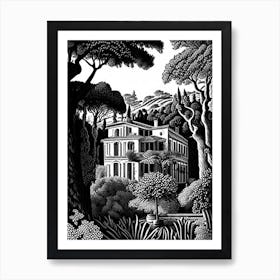 Villa Lante, Italy Linocut Black And White Vintage Art Print