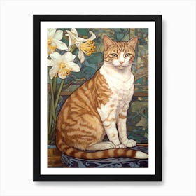 Daffodils With A Cat 4 Art Nouveau Style Art Print