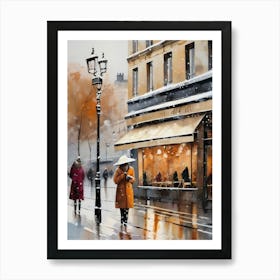 Paris cafes, winter season, Christmas, autumn oil colors, pale colors, pedestrians in the street, winter clothes, falling snow.3 1 Art Print