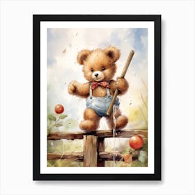 Fencing Teddy Bear Painting Watercolour 3 Art Print