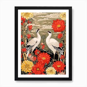 Cranes In Daisies 2 Vintage Japanese Botanical Art Print