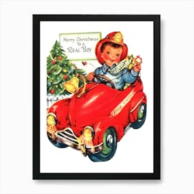 Little Boy In His New Toy A Fire Track, Christmas Greeting Art Print