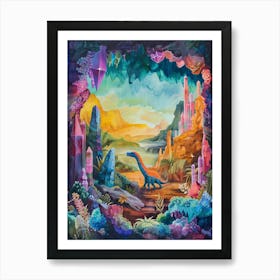 Colourful Dinosaur In A Crystal Cave 1 Art Print