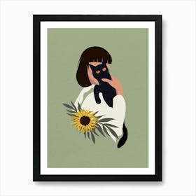 Minimal art Black Cat and Girl With Sunflowers Art Print