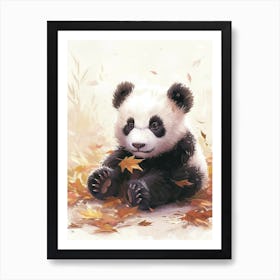 Giant Panda Cub Playing With A Fallen Leaf Storybook Illustration 1 Art Print