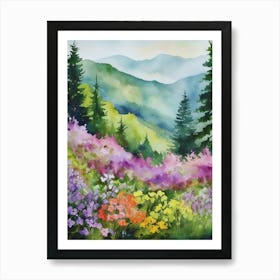 Smoky Mountains Painting, Spring Flowers, Watercolor Art, Appalachian Mountain Landscape Wall Art, Mountain Forest Print..175 Art Print