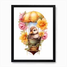 Hot Air Balloon Duckling Floral Illustration 2 Art Print