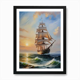 Sailing ship on the sea, oil painting 7 Art Print