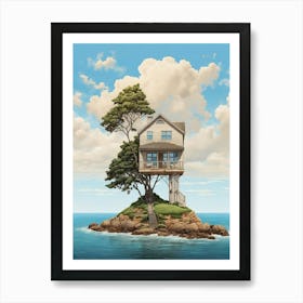 Little Beach House And Tree Draw Art Print 0 Art Print