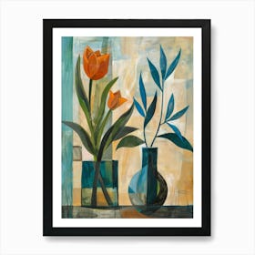 Orange Tulips In Blue Vases Art Print