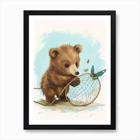 Brown Bear Cub Playing With A Butterfly Net Storybook Illustration 4 Art Print
