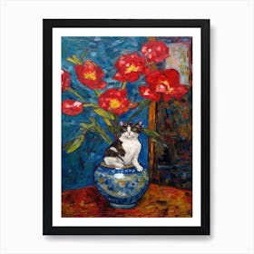 Still Life Of Peony With A Cat 1 Art Print