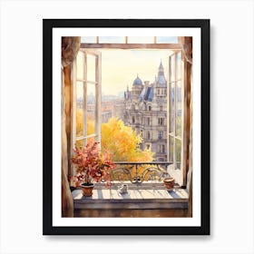 Window View Of Bucharest Romania In Autumn Fall, Watercolour 1 Art Print