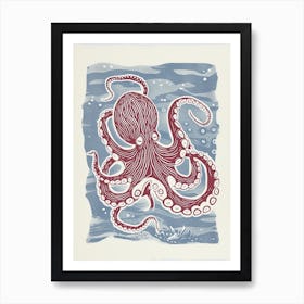 Red & Chalk Blue Linocut Inspired Octopus Art Print