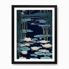 Pond With Lily Pads Water Waterscape Linocut 3 Art Print