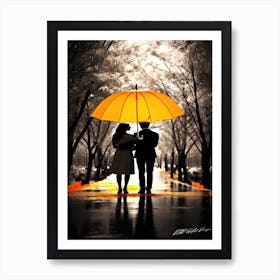 Orange Rain Fall - Couple Holding Umbrella Art Print