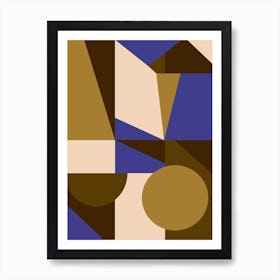 Mid Century Modern Geometric Shapes Abstraction In Blue And Golden Brown Art Print