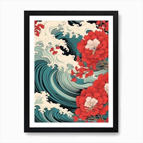 Great Wave With Camellia Flower Drawing In The Style Of Ukiyo E 4 Art Print