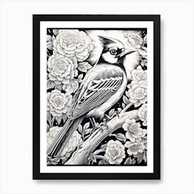 B&W Bird Linocut Blue Jay 2 Art Print