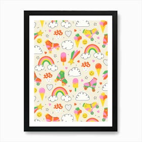 Happy 90s Groovy Pop Art Scattered Symbols Kids Poster