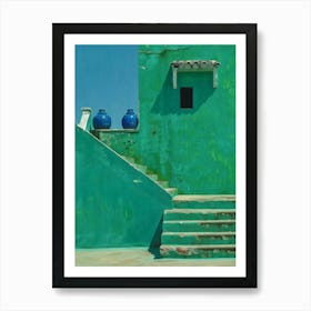 Green House With Blue Pots Art Print