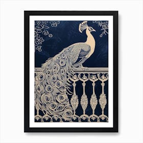 Peacock On Fancy Railing Linocut Inspired 2 Art Print