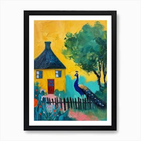 Peacock By A Thatched Cottage Textured Painting 3 Art Print