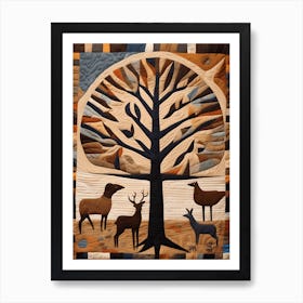 'Animals under the tree' American Quilting Inspired Folk Art with Earth Tones, 1388 Art Print