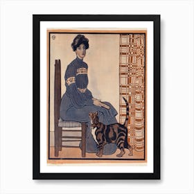 Woman Sitting On A Chair Holding A Book With A Cat Looking On, Edward Penfield Art Print