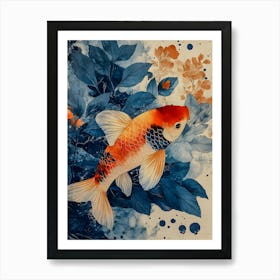 Vibrant Koi Fish in Serene Blue Watercolor Art - Japanese Inspired Nature Scene Art Print