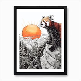 Red Panda Looking At A Sunset From A Mountaintop Ink Illustration 3 Art Print