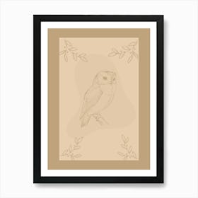 Owl Bird Sketch on a Branch in a Tree with Leaves in Nature with Beige Neutral Background Art Print