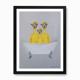 Giraffes In Raincoats In Bathtub Art Print