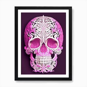 Skull With Intricate Henna Designs 1 Pink Line Drawing Art Print