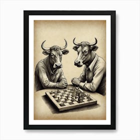 Bulls Playing Chess Art Print