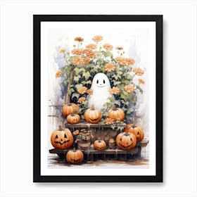 Cute Bedsheet Ghost, Botanical Halloween Watercolour 157 Art Print